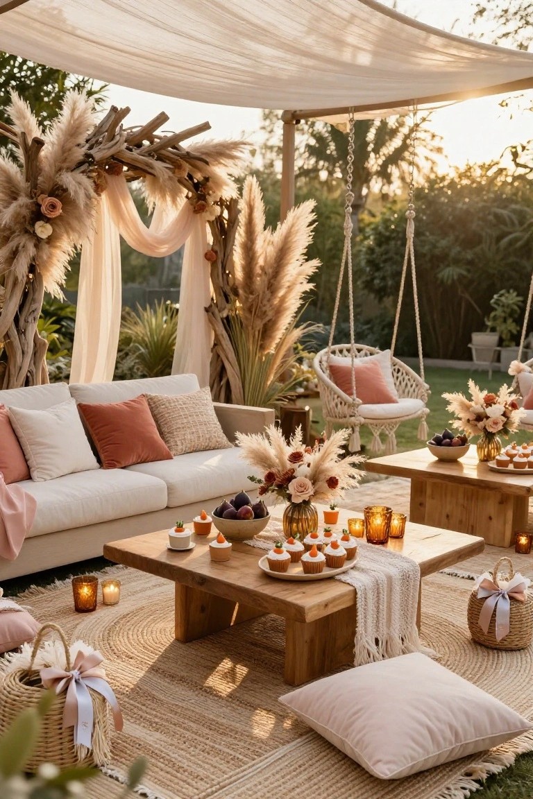 Outdoor boho lounge under white canopy with pampas grass and driftwood arch, white sofa with mixed pillows, low wooden tables holding figs, flowers, cupcakes, candles, pink swing chairs, floor pillows on beige rug.