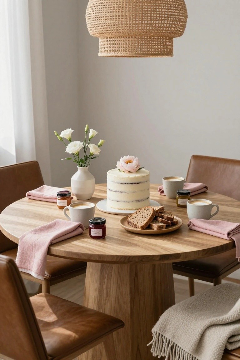 Round natural wood table set for brunch with a tiered white naked cake topped by a pink peony, white coffee cups, sliced bread on a plate, jam jars, pink cloth napkins, a small vase of white flowers, leather chairs, and a beige throw blanket nearby under a rattan pendant light.
