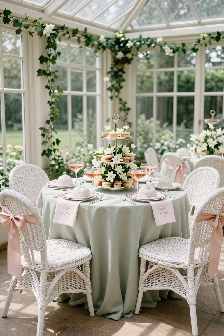 Round table in a glass conservatory set with a three-tiered stand of desserts and pastries, white wicker chairs with pink ribbon bows, champagne glasses, teapots, plates, and surrounded by ivy garlands and white flowers.