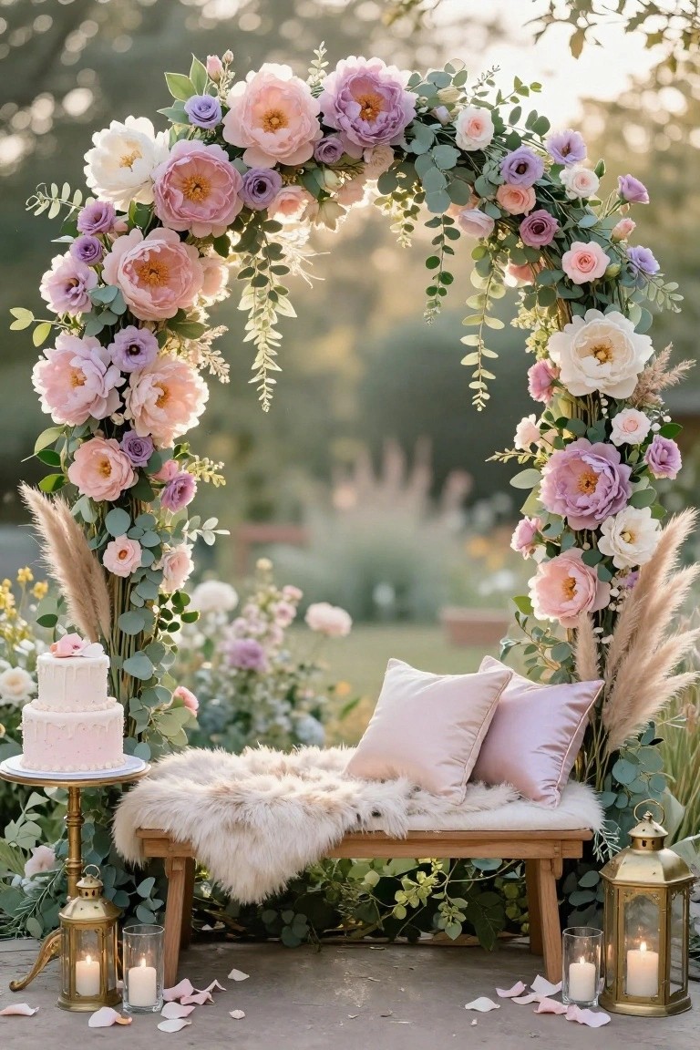Outdoor arch covered in pink and purple peonies, white roses, eucalyptus, and pampas grass framing a wooden bench with white fur throw, pink pillows, small white cake on gold pedestal table, lanterns, and scattered pink petals on patio ground.