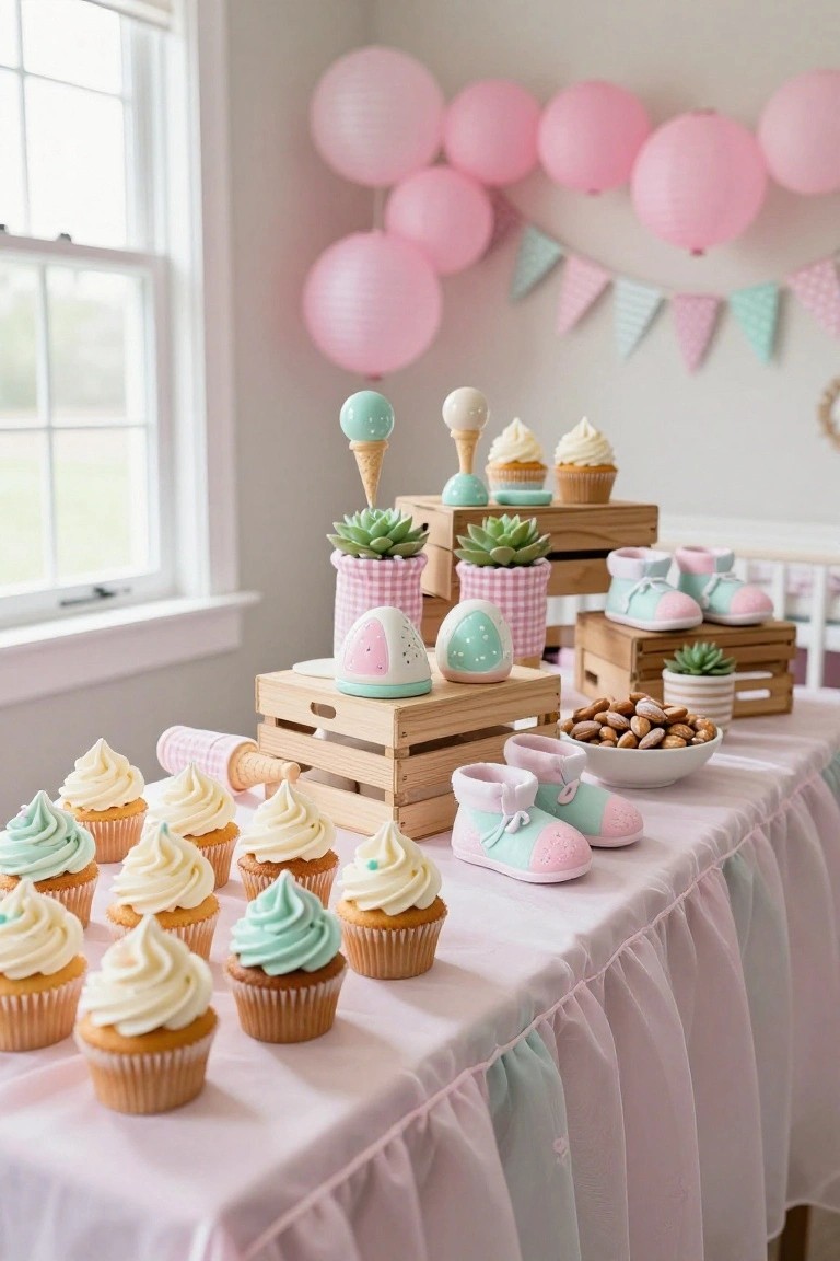 Pink and mint green skirted table displaying white and pastel cupcakes, oversized baby booties, wooden crates with succulents and treats, ice cream cone props, and bowls of nuts for a girl baby shower.