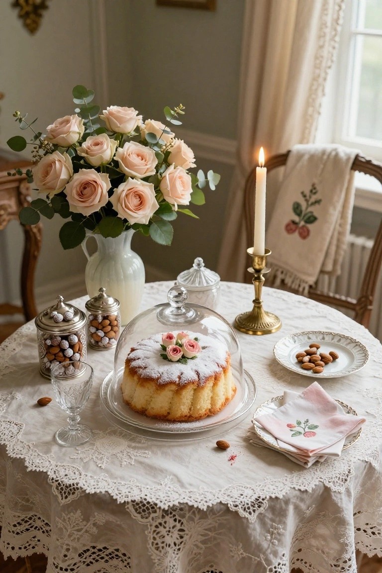 A round white lace-covered table holding a glass-domed sponge cake topped with pink roses and powdered sugar, surrounded by silver jars of sugared almonds, a bouquet of pink roses in a white vase, a brass candlestick, small plates of almonds, and pink napkins.