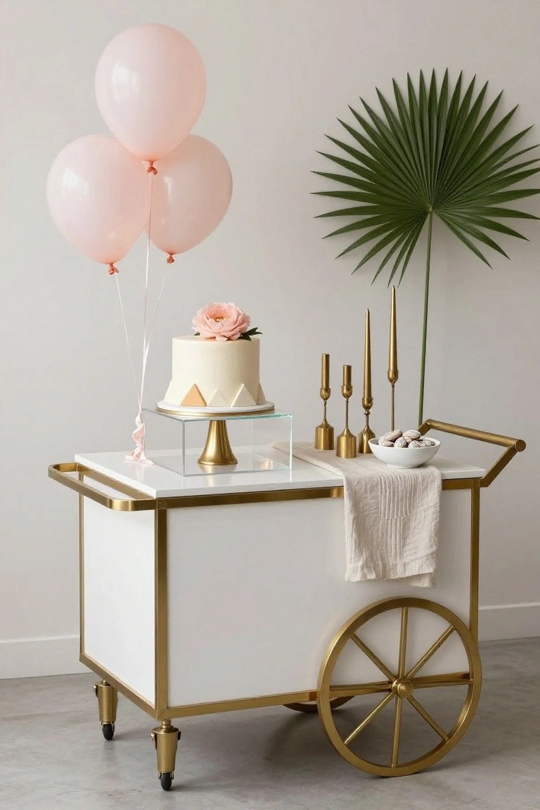 White and gold bar cart with a white cake topped by a pink rose and geometric shapes on a clear pedestal stand, pink balloons, gold candlesticks, bowl of truffles, linen cloth, and green palm leaf against a light wall.