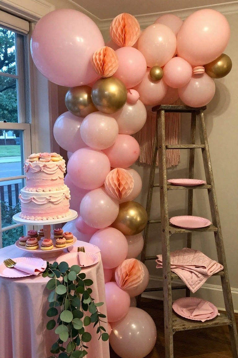 Wooden ladder styled as backdrop with clustered pink and gold balloons, peach tissue fans, pink paper plates and napkins on shelves, pink tassels and quilt draped, behind pink ruffle two-tier cake, macarons, and cupcakes on round table with eucalyptus garland and pink cloth.