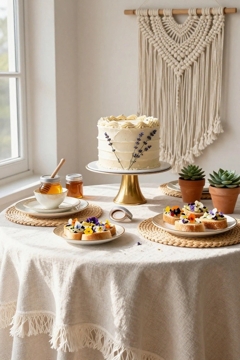 A beige fringed linen tablecloth holds a white tiered cake with lavender frosting and stems on a gold pedestal stand, flanked by honey jars and bowls, plates of toasted bread topped with colorful edible flowers, woven placemats, and potted succulents, with a white macrame wall hanging and window in the background.