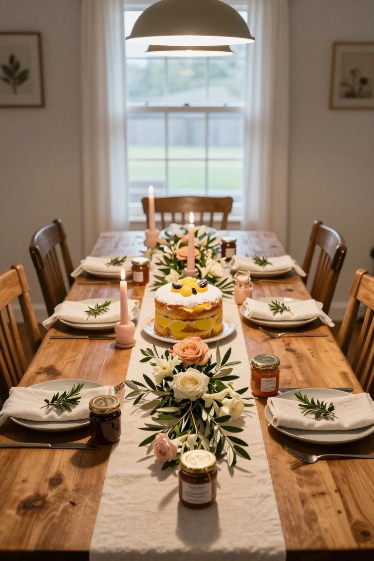 A long wooden dining table set with a tall yellow lemon drizzle cake as centerpiece, surrounded by white roses, olive branches, pink taper candles, jam jars, white plates, linen napkins with herb accents, and a beige linen runner, under a pendant light near large windows.