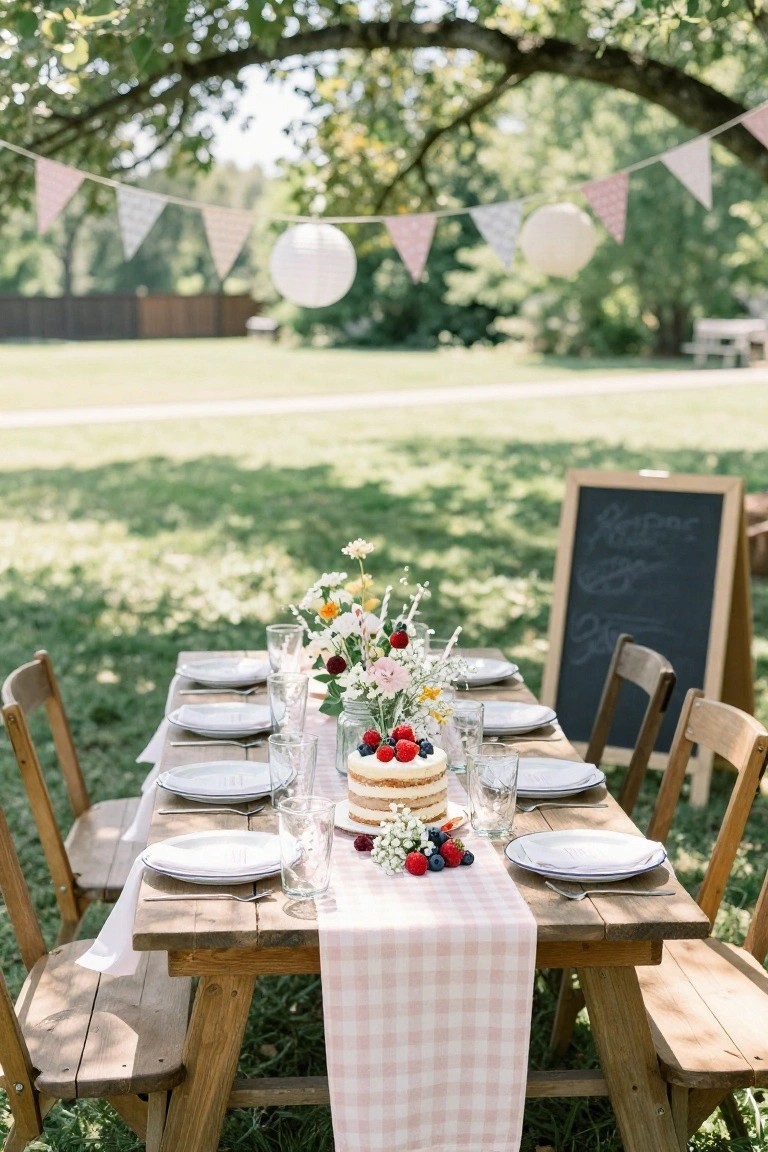 Outdoor wooden table dressed with a pink checkered runner, berry-topped layered cake centerpiece, wildflower arrangement in a jar, white plates and glasses, surrounded by wooden chairs under trees with bunting flags and a paper lantern.