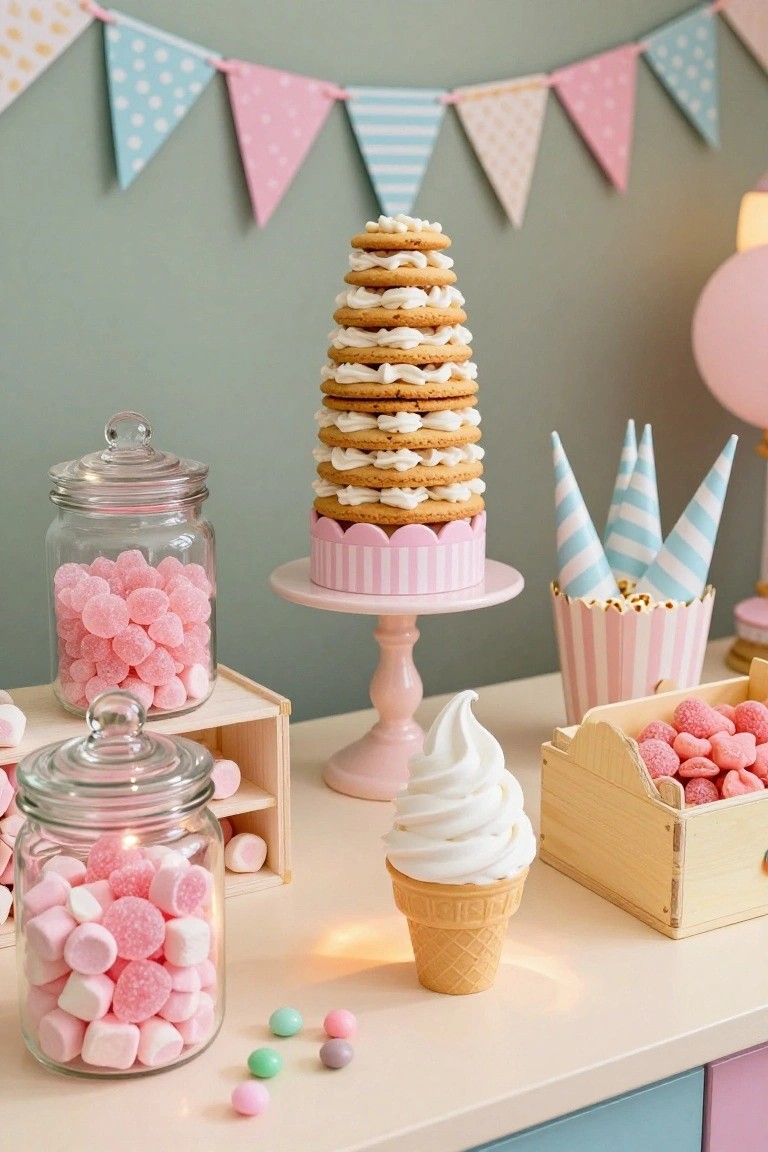 Pastel dessert table with a tall stack of frosted cookies on a pink pedestal, flanked by glass jars of pink gummy candies and marshmallows, a waffle cone ice cream, popcorn cups, heart-shaped candies in a wooden crate, cone party hats, and scattered mint candies on a white surface with pink and blue bunting overhead.