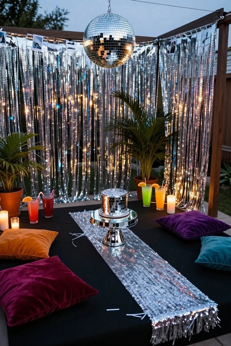 Backyard lounge setup with black low table on patio holding mirrored cake stand, colorful velvet pillows around it, candles, drinks in glasses, potted plants, silver fringe curtain backdrop, and hanging silver disco ball at dusk.