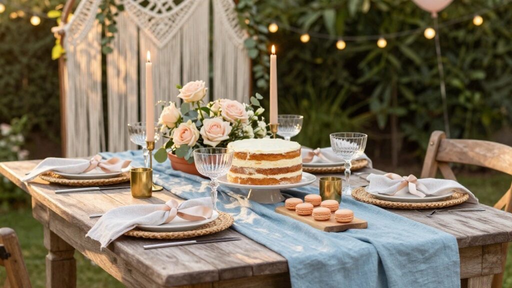 Outdoor rustic wooden table in a backyard with blue linen runner, white three-tier cake on white pedestal stand, terracotta pot of pink roses and eucalyptus, taper candles in gold holders, macarons, rattan placemats, blue napkins with ribbon ties, wine glasses, macrame arch backdrop with pastel balloons and string lights.