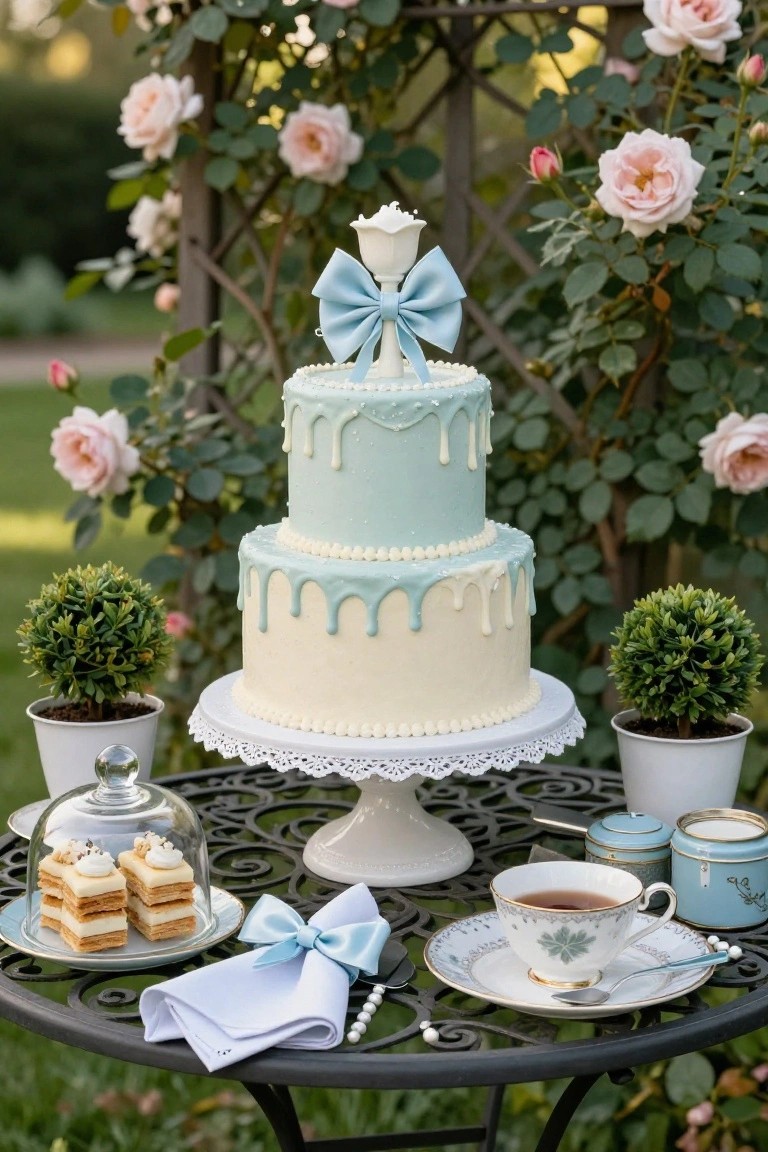 Two-tier light blue drip cake topped with white flower and blue bow on a lace-edged plate, surrounded by petit fours under glass dome, blue ribbon napkin, teacup with saucer, potted boxwood plants, and blue tins on black wrought iron table in rose garden.