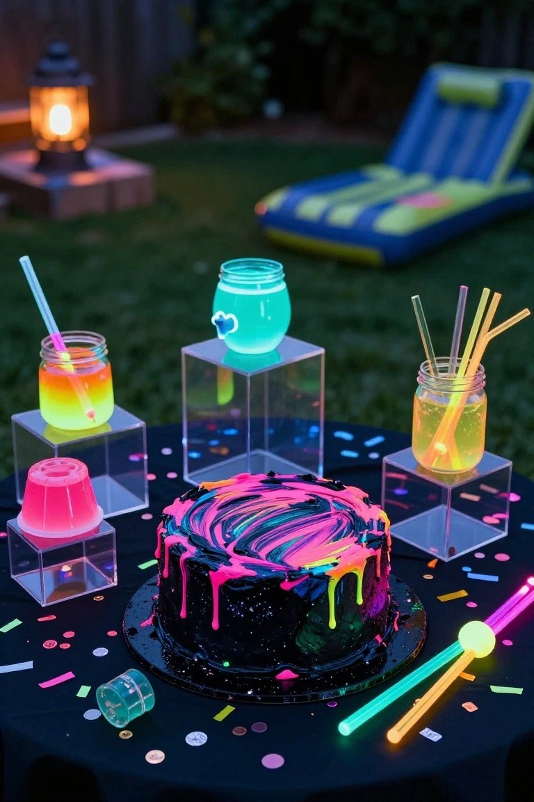 Backyard table with a black cake topped with neon pink, purple, and multicolored drips, surrounded by glowing jars of colored liquids on clear stands, pink jello cups, glow sticks, confetti, and a blue lounge chair in the blurred background.