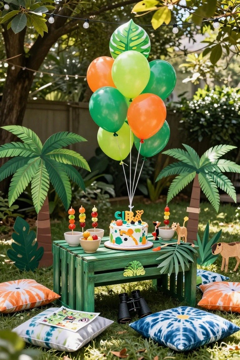 Backyard setup for a child's jungle-themed birthday party with a green wooden crate table displaying a cake topped with animal figures, clusters of green and orange balloons tethered above, cardboard palm trees, fruit skewers, toy animals, bowls of fruit, and colorful pillows on the grass under string lights and trees.