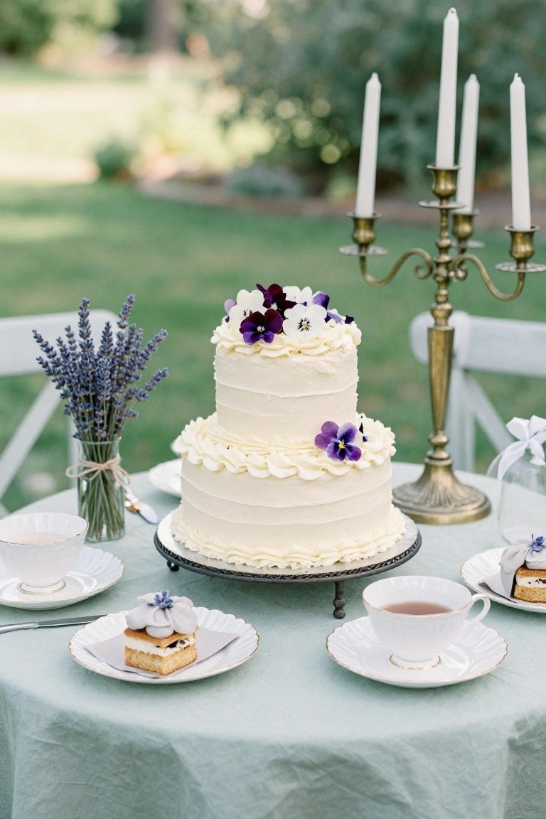 Two-tier white buttercream cake with purple violets and lavender flowers on a pedestal atop a turquoise tablecloth outdoors, next to a brass candelabra holding white candles, vase of lavender, teacups, and plates with pastries.