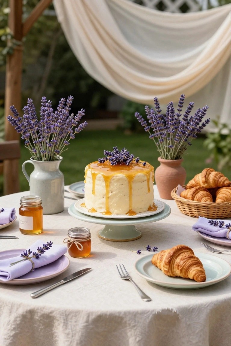 Backyard table with a tall white cake drizzled in honey and garnished with lavender sprigs on a pedestal stand, surrounded by lavender bouquets in vases, honey jars, croissants in a basket, and plates with napkins and utensils on a white tablecloth.