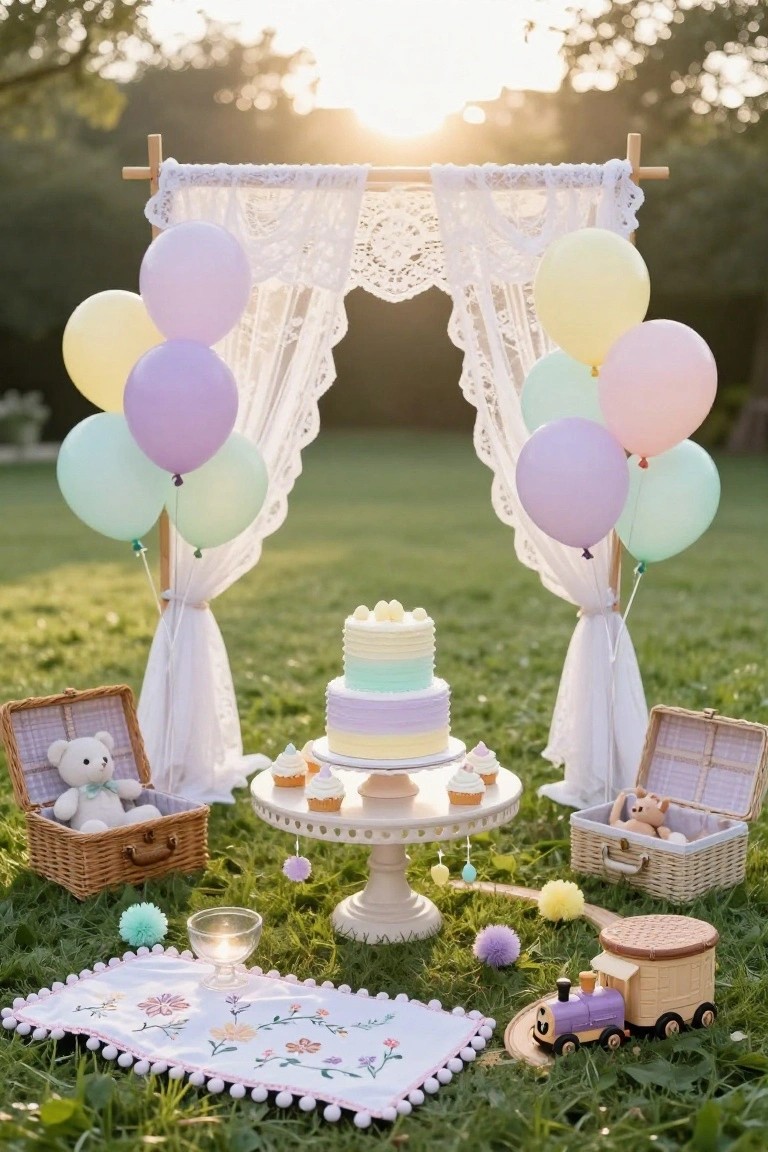 Outdoor backyard party setup featuring a wooden arch with white lace drapes and clustered pastel balloons in purple, mint green, yellow, and pink, framing a two-tier cake on a white pedestal stand surrounded by cupcakes, picnic baskets with teddy bears, embroidered rug, pom poms, and toy train on grass at sunset.