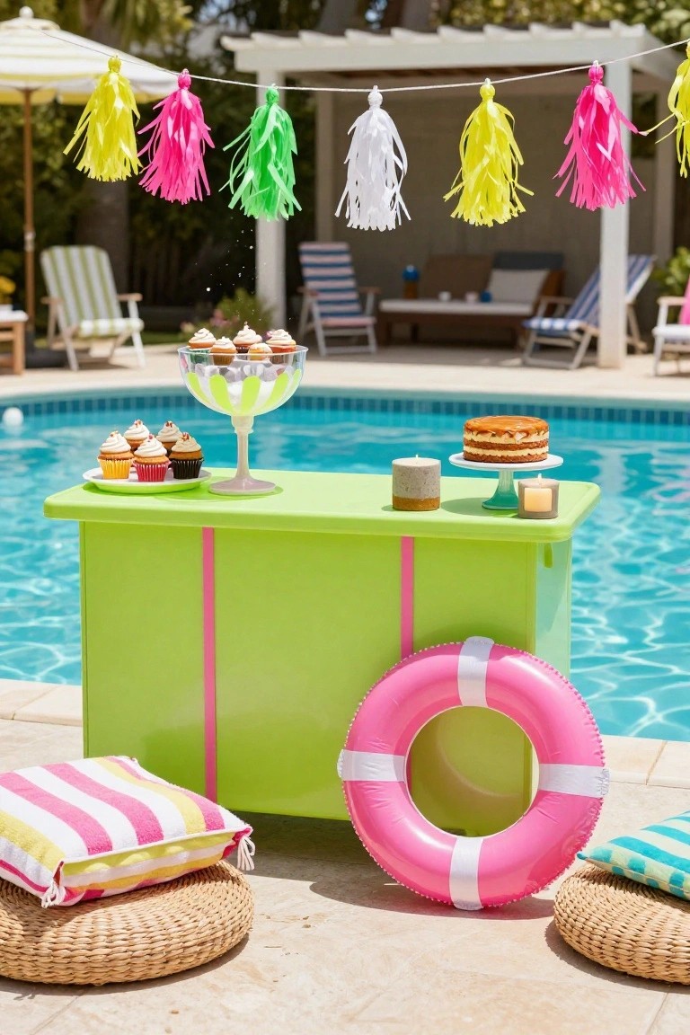 Lime green bar table positioned by a swimming pool, topped with cupcakes, a layered cake, candles, and a drink glass, with colorful tassel garlands hanging above and pool floats, pillows, and chairs nearby.