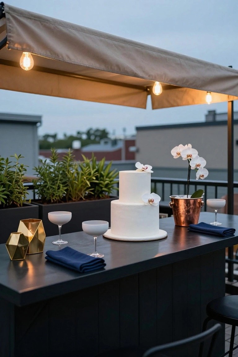 A two-tier white cake topped with white orchids sits on a black bar table outdoors under a beige canopy with string lights, next to champagne coupes, a copper ice bucket, gold geometric decor, and potted plants on a rooftop patio.