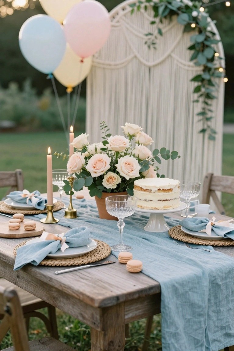 Outdoor rustic wooden table in a backyard with blue linen runner, white three-tier cake on white pedestal stand, terracotta pot of pink roses and eucalyptus, taper candles in gold holders, macarons, rattan placemats, blue napkins with ribbon ties, wine glasses, macrame arch backdrop with pastel balloons and string lights.