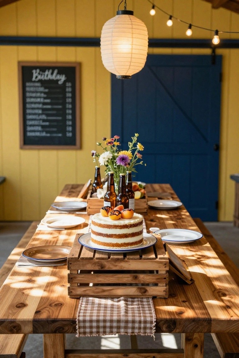 Wooden picnic table in a yellow-walled outdoor shed set for a birthday party, with a tall layered naked cake on a wooden crate at center, surrounded by plates, beer bottles, wildflower bouquet, peaches, and a chalkboard menu sign.
