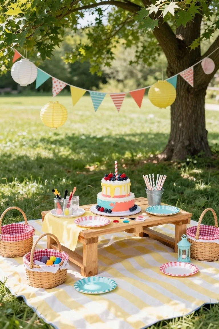 A three-tiered birthday cake with berries and drips on a low wooden picnic table covered in yellow cloth, set on a striped checkered blanket in grassy yard under a tree with colorful bunting flags and paper lanterns hanging above, wicker baskets and plates around.