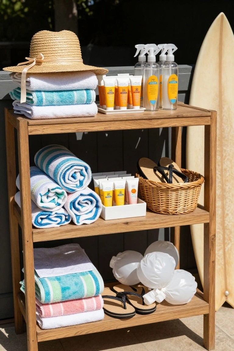 Wooden shelf outdoors stocked with stacked beach towels in various colors and patterns, sunscreen bottles, flip-flops, a straw hat, beach balls in plastic bags, and a surfboard leaning against the side.