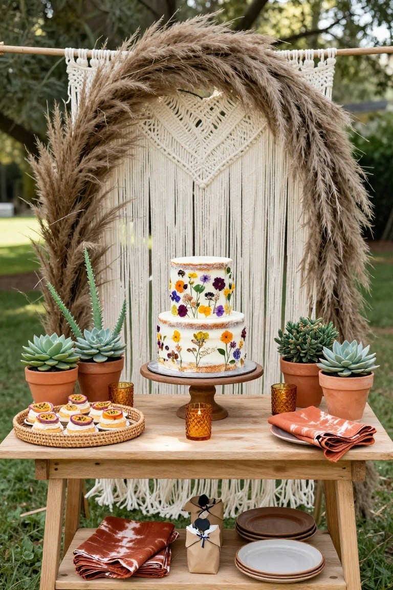 Outdoor dessert table on wooden legs with a two-tier white cake topped with dried flowers, potted succulents in terracotta pots, tea lights, passion fruit tarts on a round tray, orange napkins, plates, and a small wrapped box, all framed by a large arch of pampas grass and white macrame hanging from bamboo poles.