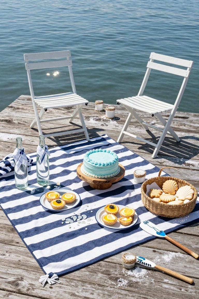 Picnic setup on a wooden dock overlooking blue water with two white folding chairs, a blue-frosted cake on a striped blue-and-white blanket, small lemon tarts on plates, shell-shaped cookies in a basket, water bottles, and wooden-handled utensils.