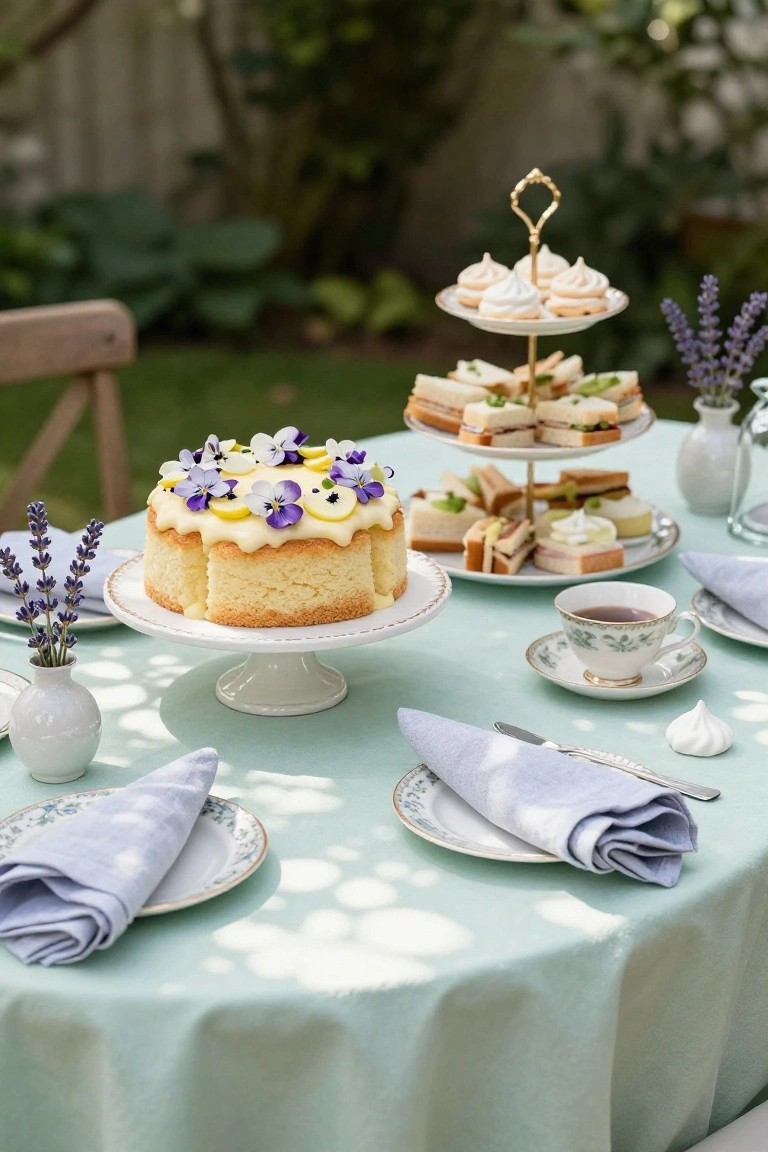 Outdoor round table on turquoise cloth in a garden, set with tiered gold stand of sandwiches and meringues, white cake with violet flowers and lemon curd drizzle on a pedestal, teacup and saucer, folded blue napkins, utensils, and lavender stems in vases.