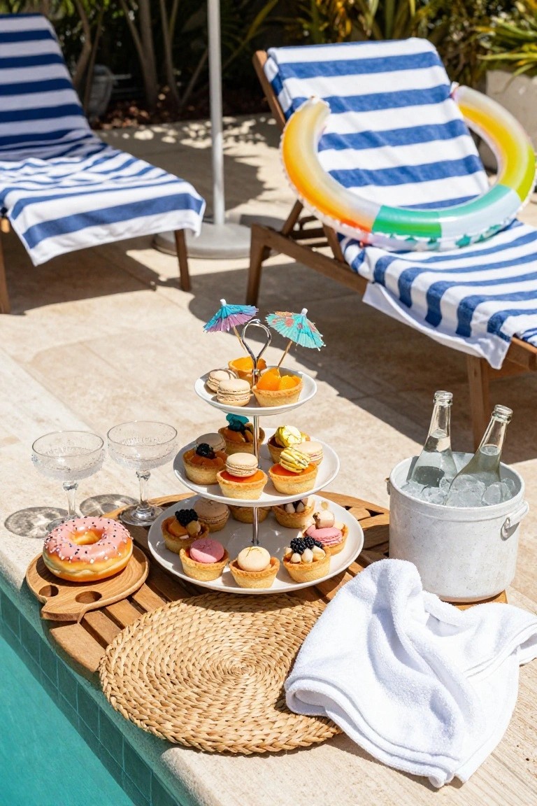Tiered white stand holding colorful cupcakes, macarons, tarts, and fruit pastries positioned on the edge of a turquoise swimming pool, with lounge chairs, towels, an inflatable float, glasses, and an ice bucket with bottled water nearby.