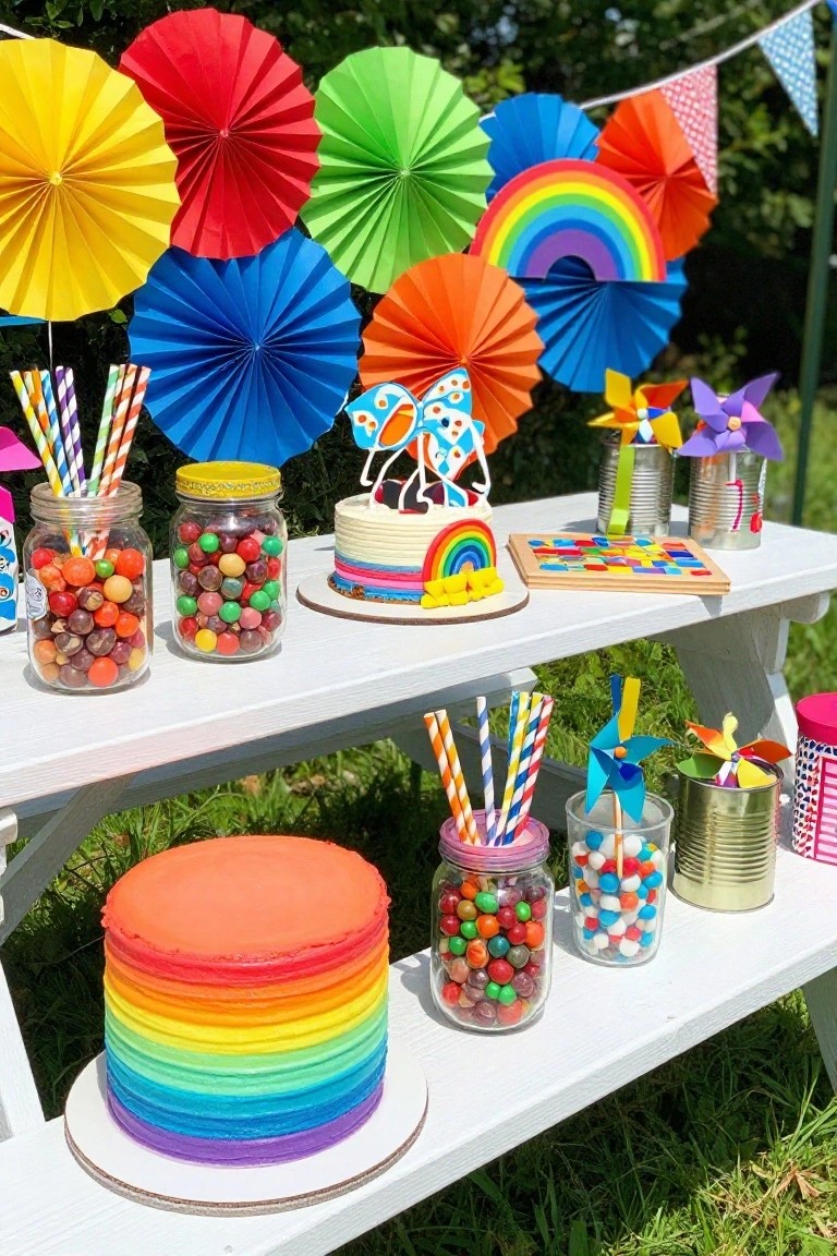 Outdoor wooden picnic table set with two rainbow-layered cakes, mason jars and tin cans filled with colorful candies, striped straws, paper pinwheels, and rainbow paper fans hanging in the background.