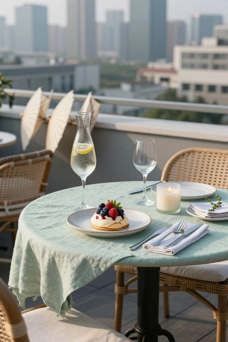 Rooftop terrace dining table covered in light green linen with a berry-topped pavlova on a plate, champagne flute with lemon slice, empty wine glass, white candle in glass holder, folded white napkins, silverware, rattan chairs, paper umbrellas nearby, and blurred city skyline view.