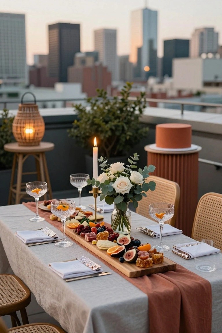 Rooftop dining table at sunset overlooking city skyscrapers, set with wooden charcuterie board of meats cheeses fruits and nuts, cocktail glasses with orange slices, white rose and eucalyptus centerpiece in glass vase, terracotta cake on pedestal, rattan chairs, linen tablecloth with rust runner, hanging lantern and candle.