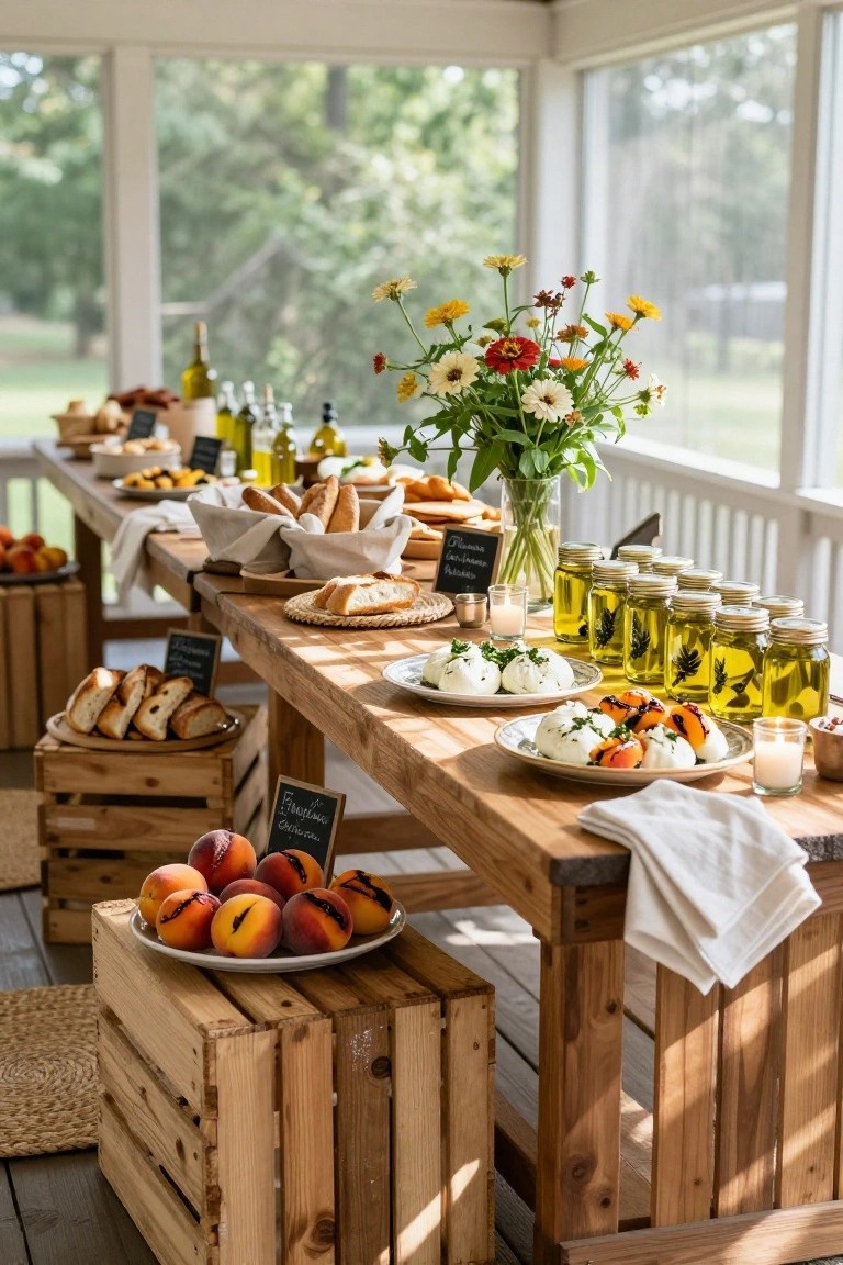 Long wooden table on screened porch loaded with breads, burrata cheese, sliced peaches, olives in jars, flowers in vase, and wooden crates for elevation.