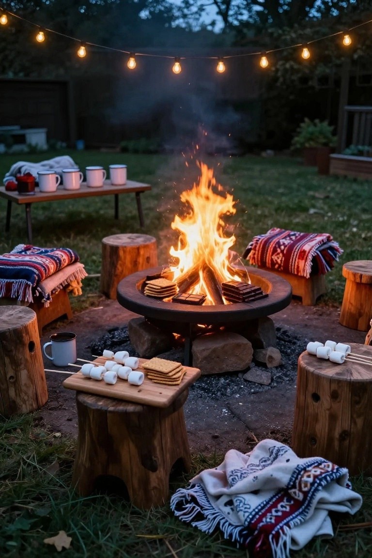 Backyard fire pit ring at dusk with flames, surrounded by wooden stump seats draped in colorful blankets, s'mores on skewers and graham crackers on a board nearby, mugs on a table, and string lights overhead.