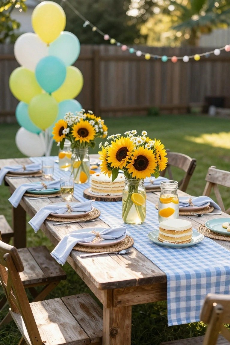Outdoor wooden table styled for a party with blue gingham runner, mason jar centerpieces of sunflowers and lemons, layered lemon cakes, blue napkins, and clusters of yellow, white, and mint green balloons in the background.