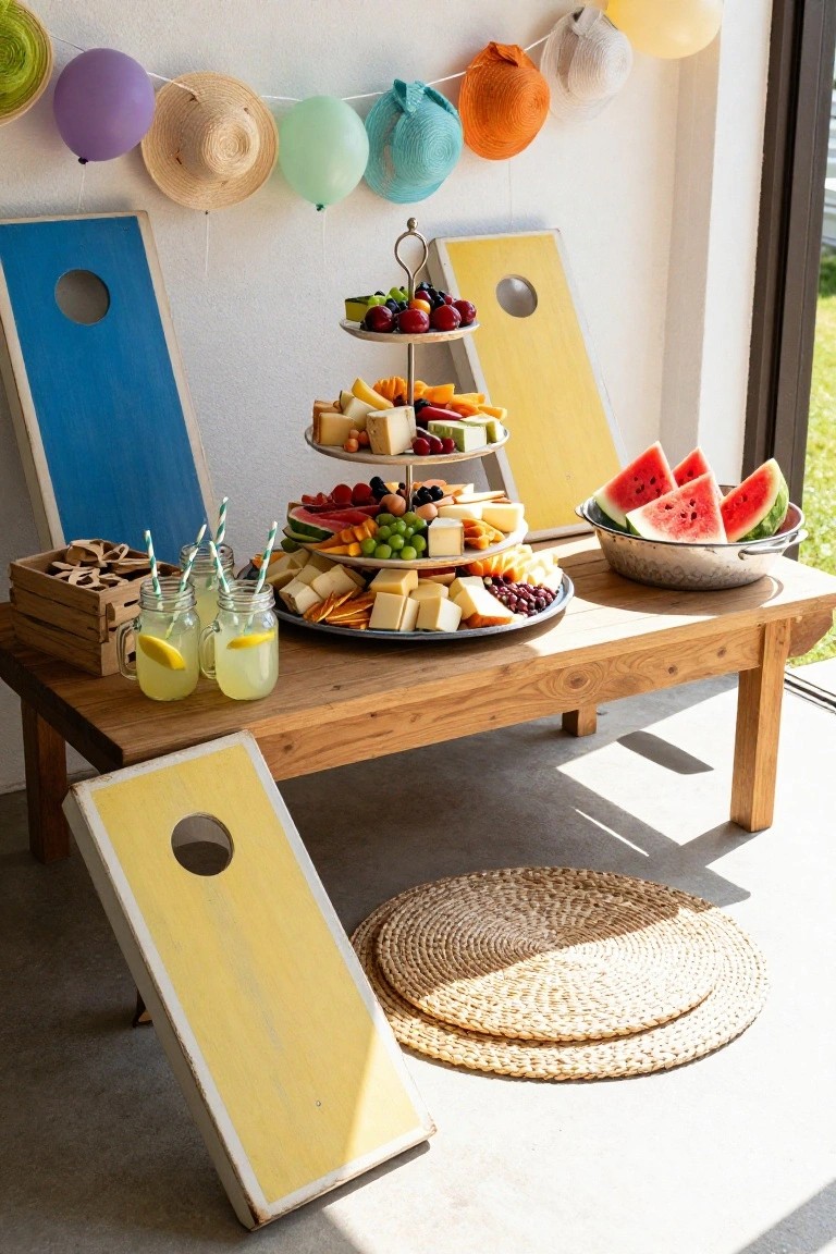 Wooden outdoor party table with tiered stand of fruits and snacks, platters of cheese and meats, mason jar lemonade, watermelon bowl, and blue and yellow cornhole boards nearby under hanging balloons and hats.