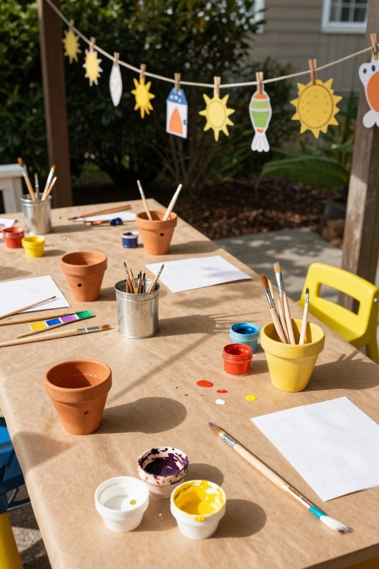 Outdoor table covered in brown paper with terracotta pots holding paints and brushes, metal cans with more brushes, paint palettes, and white paper sheets, under hanging paper sun and fish decorations.