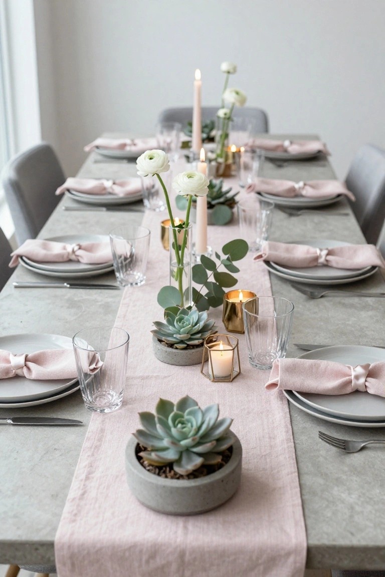 A long dining table with gray upholstered chairs, set with white plates, blush pink napkins and runner, small potted succulents, candles, white flowers, and glassware.