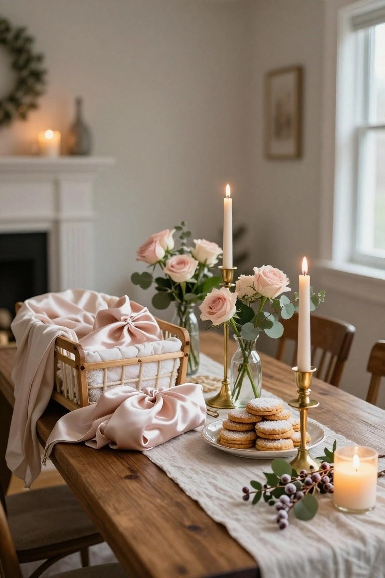Wooden dining table styled with a beige linen runner, pink roses and eucalyptus in glass vases, brass candlesticks holding white taper and pillar candles, a white plate of round sugared cookies on a gold stand, berry branches, and a wicker basket containing pink satin blankets and ribbons draped nearby, in a beige room with a fireplace and chairs.