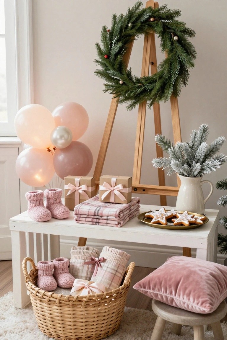 Wooden bench holding a woven basket filled with pink knit baby booties and blankets, wrapped gifts, plaid blankets, pink and silver balloons, gingerbread star cookies on a gold plate, white jug with frosted greenery, and a Christmas wreath on a wooden easel stand.