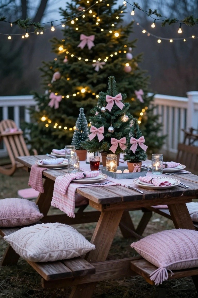 Outdoor wooden picnic table on a deck set with pink gingham napkins, plates, glassware, mini flocked Christmas trees with pink ribbons, candles in jars, pillows on benches, string lights above, and larger Christmas trees in the background.