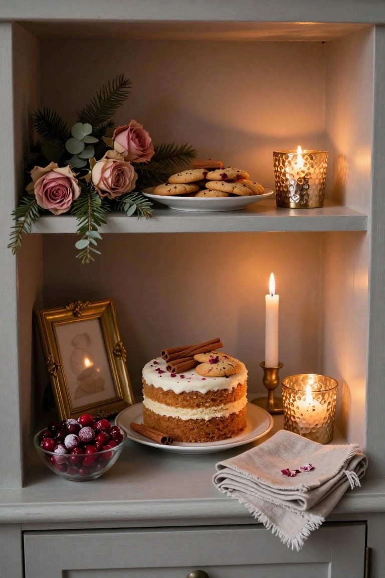Gray wooden built-in shelf displaying pink roses with eucalyptus and fir branches alongside a plate of cookies and gold candle holder on top shelf, and gold framed photo, white frosted layered cake with cinnamon sticks and berries on plate, white candle, bowl of red cranberries, linen napkins, and gold glass candles on bottom shelf.