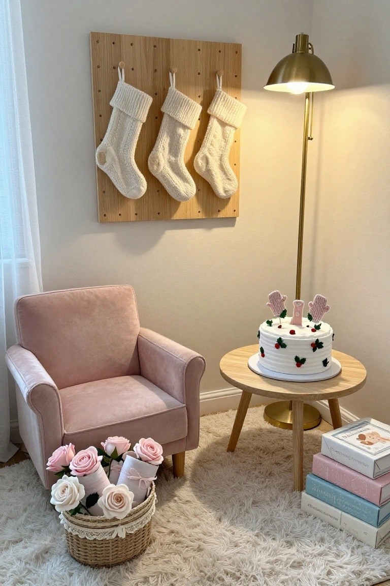 Pink velvet armchair next to a small round wooden table displaying a white layered cake decorated with pink knit elements, holly, and berries, in a beige room with white knit Christmas stockings on a wooden pegboard wall, a wicker basket of pink and white fabric roses and rolled items on fluffy rug, stacks of multicolored books beside the table, and a gold floor lamp.