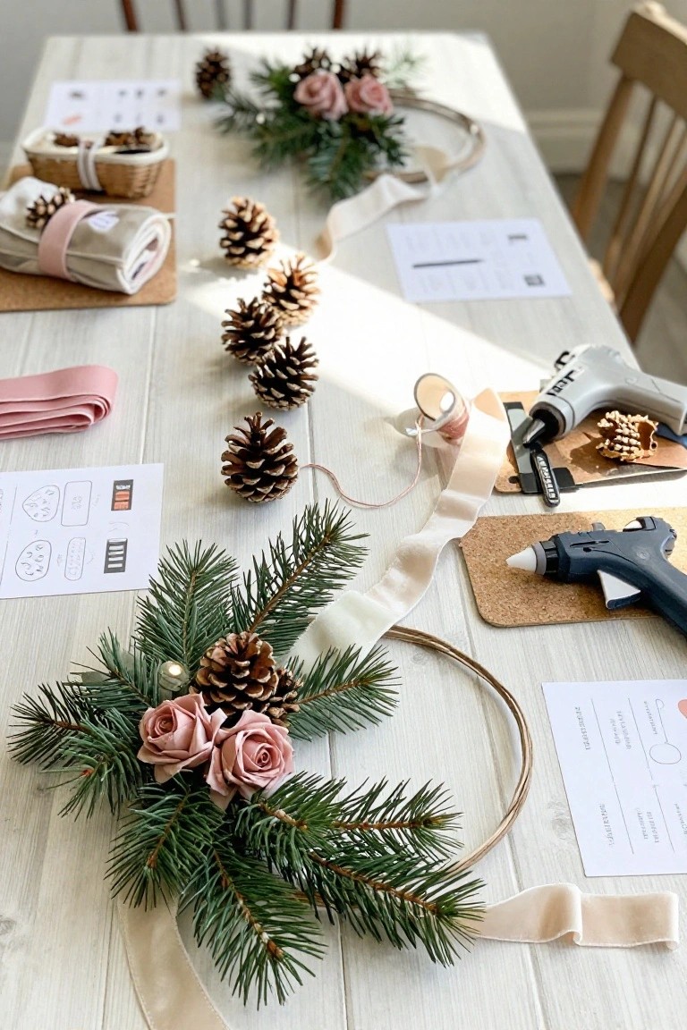 Wooden table arranged with pinecones, fir branches, pink fabric roses, ribbons, hot glue guns, cork mats, and printed instruction sheets for making wreaths.