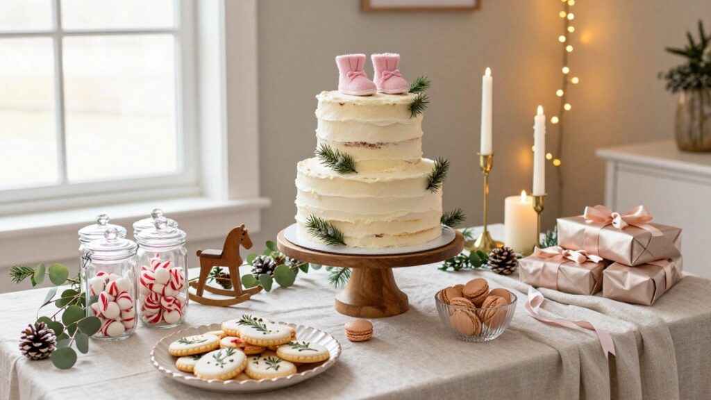 Three-tiered naked cake with white buttercream, pink and gray baby booties, pine branches, and eucalyptus on a wooden pedestal on a round white tablecloth, surrounded by jars of red and white candy canes, pink macarons, shortbread cookies, pinecones, a wooden rocking horse toy, and two stacks of pink wrapped gifts, with gold candelabras, fairy lights, and a window in the background.