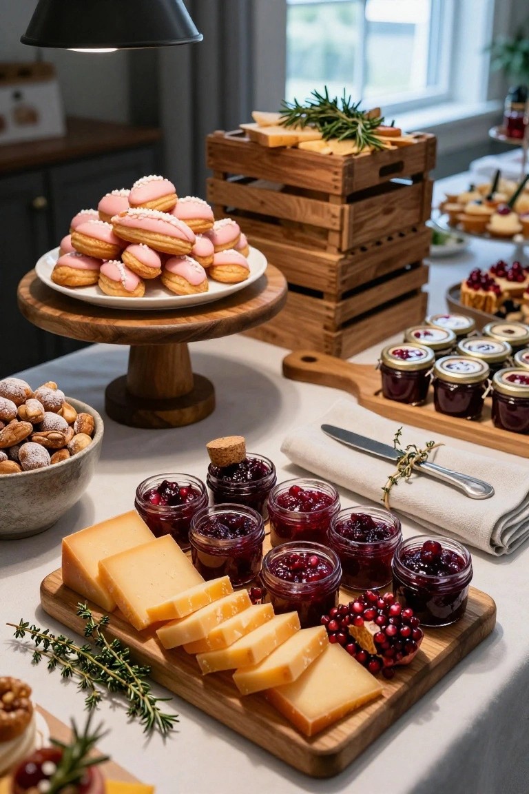 Wooden cheese board on a white tablecloth holding sliced pale yellow cheese, thyme sprigs, pomegranate clusters, and garnishes, surrounded by jars of red jam, a bowl of sugared nuts, pink iced pastries on a wooden pedestal stand, wooden crates, and festive decor on a table.