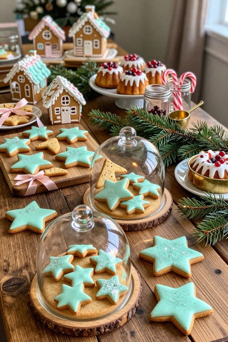 Wooden table displaying pastel gingerbread houses, teal iced star cookies under glass cloches on wood bases, bundt cakes topped with berries and cream, candy canes in jars, and Christmas greenery.