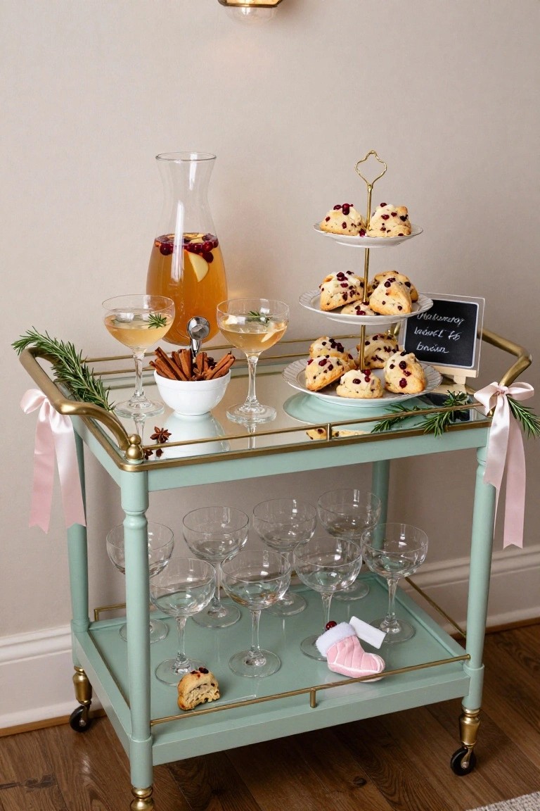 Mint green bar cart holding a glass pitcher of mulled drink with fruit, champagne glasses garnished with herbs, tiered white plate of scones topped with cranberries, small bowl of cinnamon sticks, stacked empty glasses, and a pink baby bootie stocking on the lower shelf against a beige wall.