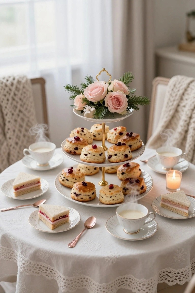 Three-tiered gold stand on a white lace-covered round table holding scones topped with red berries, surrounded by white tea cups, sandwiches on plates, pink roses with fir branches, candles, and rose gold utensils in a bright room with upholstered chairs.